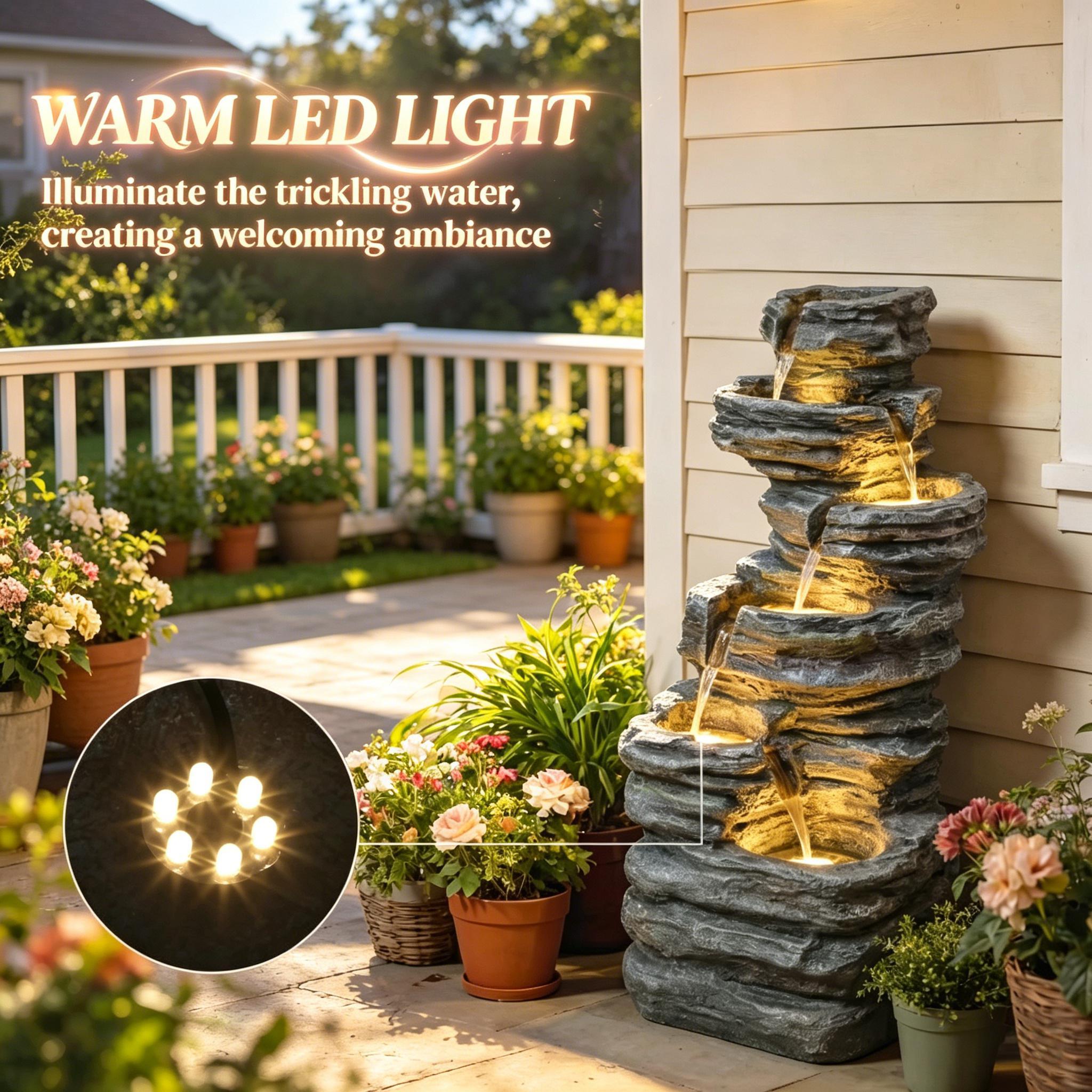 Resin 6 Tier Rock Cascade Outdoor Fountain 40 Inch dimensions and size