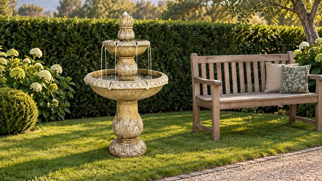 Two tier cast stone garden fountain with leaf relief on a lawn beside a wooden bench