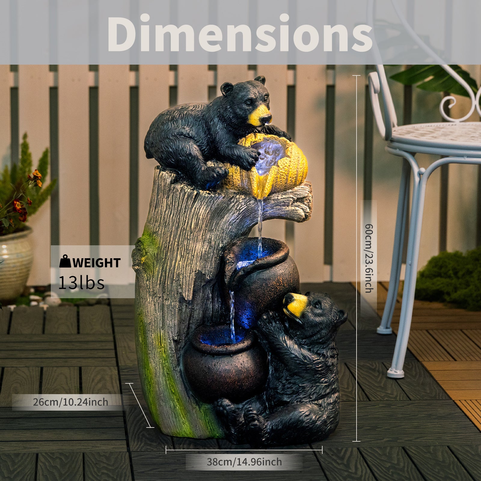 Resin Black Bear Outdoor Water Fountain in garden setting