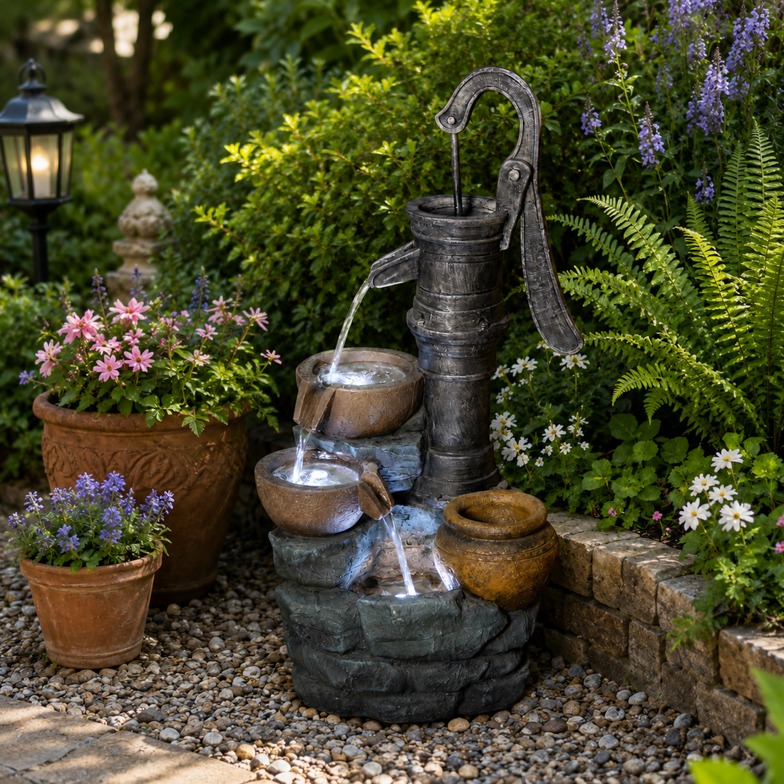 Resin Hand Pump Cascading Outdoor Fountain 32 Inch