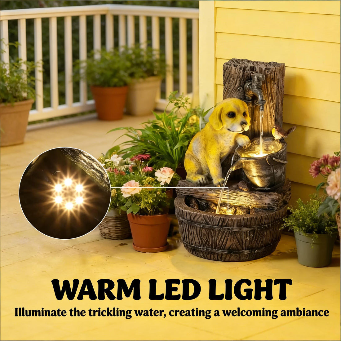 Resin Puppy Garden Outdoor Water Fountain 22 Inch in garden setting