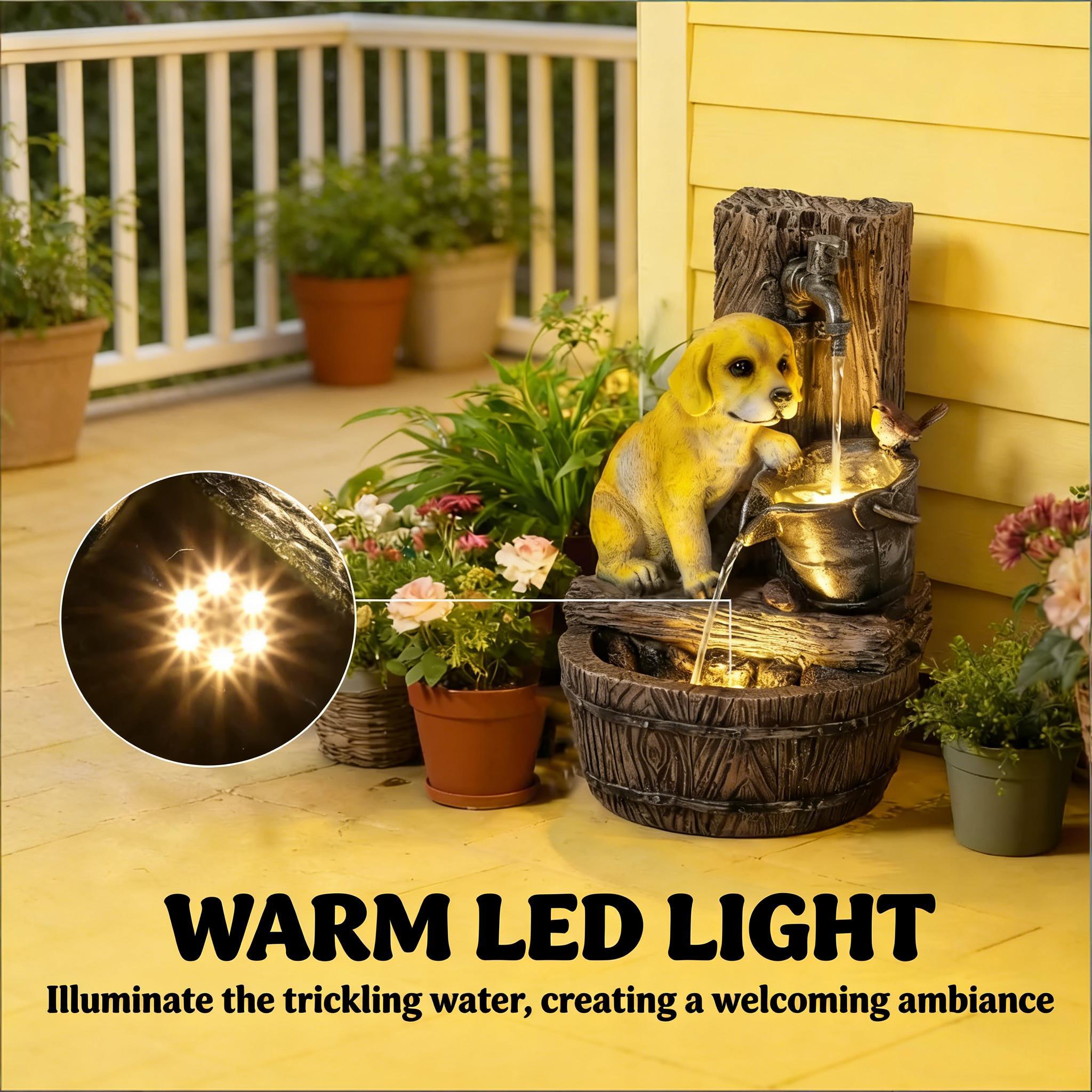 Resin Puppy Garden Outdoor Water Fountain 22 Inch in garden setting