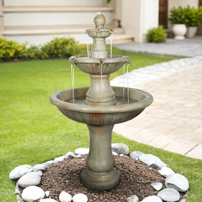 51.5" tall modern round concrete outdoor fountain in a peaceful garden