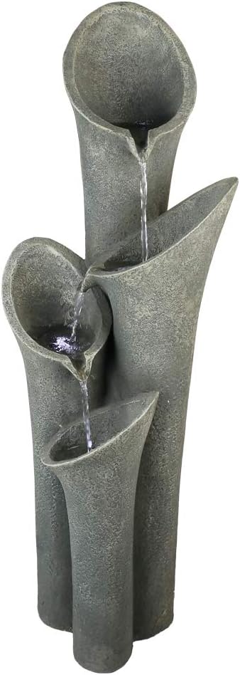 33.5&quot;H-Bell 4-Tier Cascading Floor Rock Water Outdoor Fountain with LED Lights