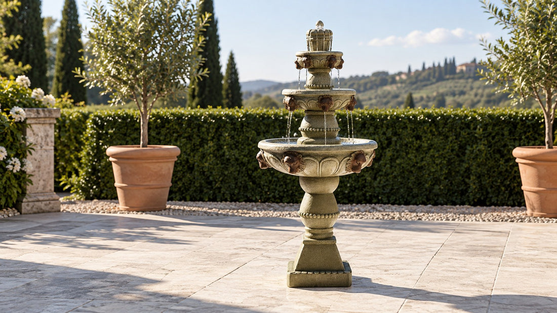 Three tier cast stone fountain with lion head spouts on a paved terrace by a clipped hedge