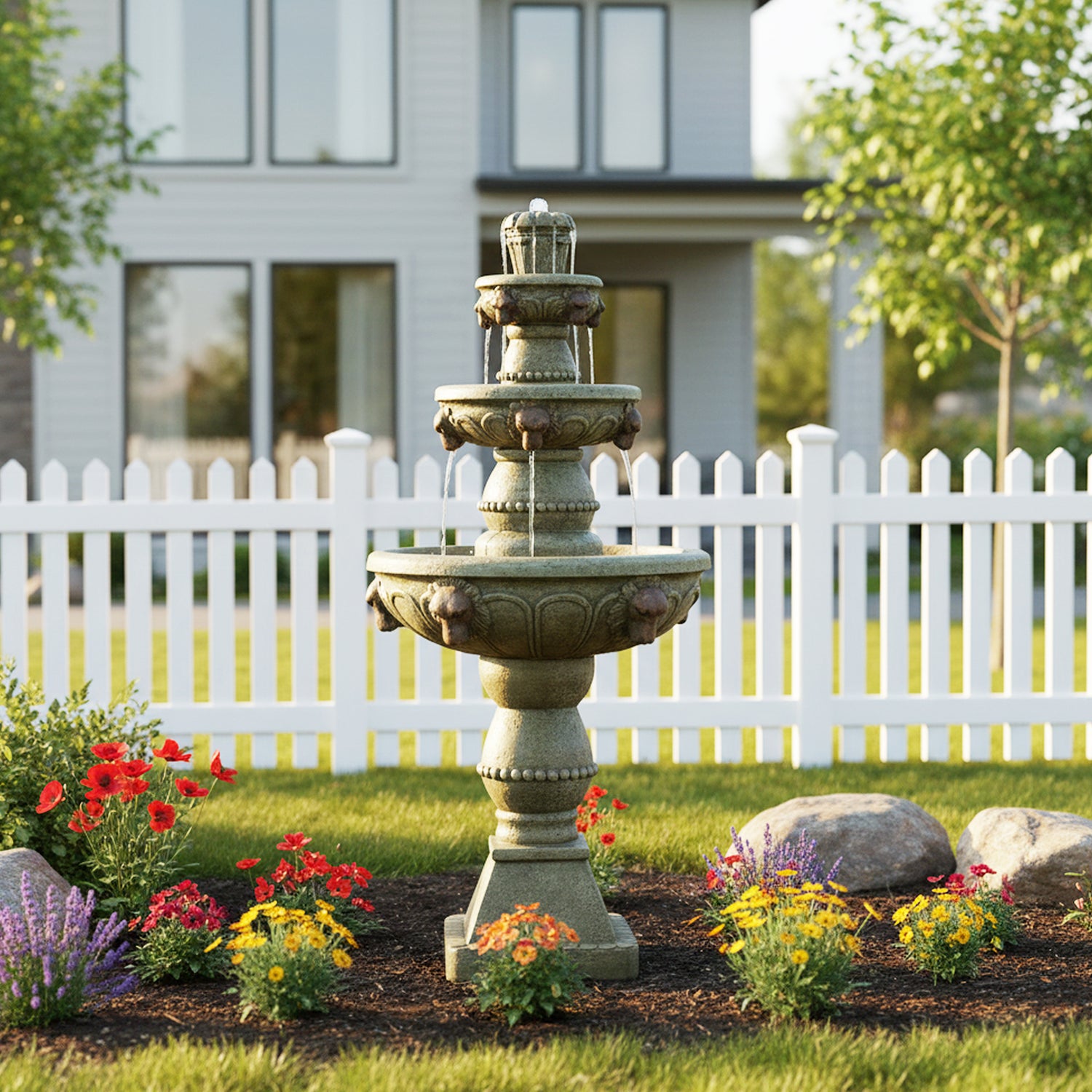 52"H classic lion motif fountain acting as a grand focal point in a lush flower garden.