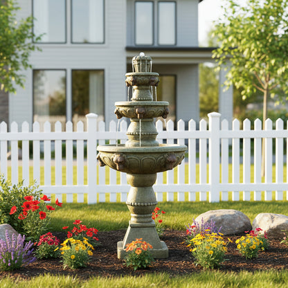 52"H classic lion motif fountain acting as a grand focal point in a lush flower garden.