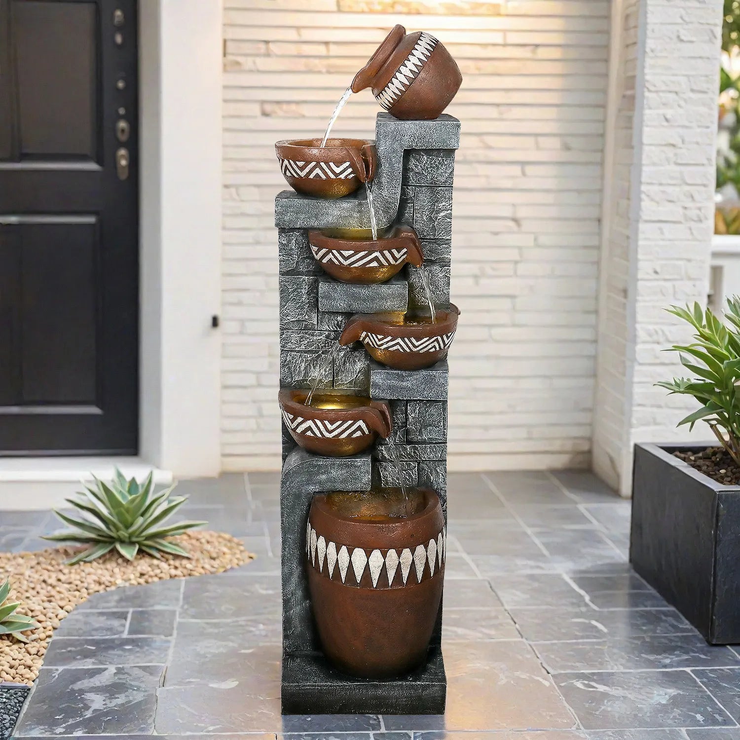 56.6-inchhigh6-tieredpoly-resinwaterfallfountainatamodernhomeentryway.