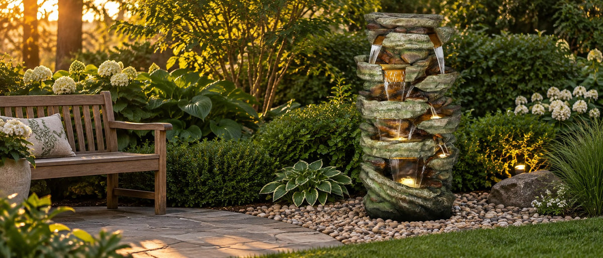Tall stacked stone waterfall fountain lit at golden hour beside a garden bench and pebble bed