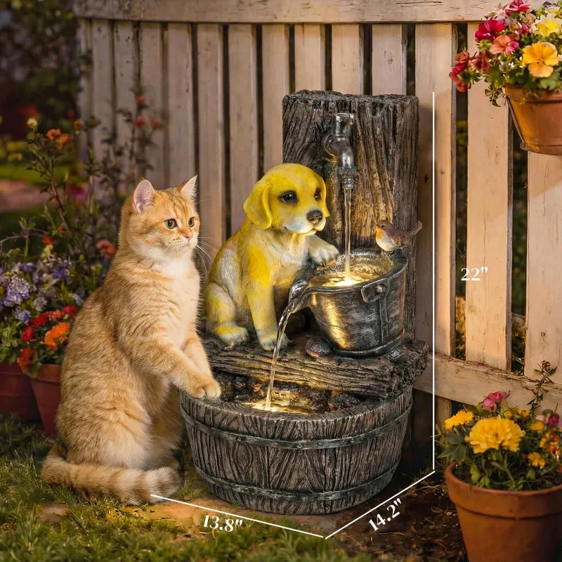 Resin Puppy Garden Outdoor Water Fountain 22 Inch LED lit at night