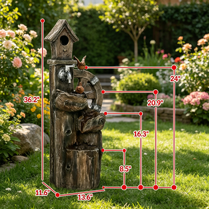 Resin Rustic Outdoor Fountain Birdhouse and Iron Tap dimensions and size