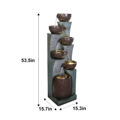 53.5in High Outdoor Indoor Water Fountain, 6-Tiered Poly-Resin Waterfall Fountain with LED Lights