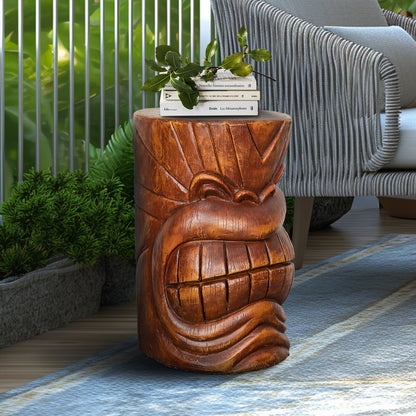 19.6&quot; H Concrete Indoor/Outdoor Side Tiki Face Statue Table with Woodtone Finish for Patio, Bar, or Den