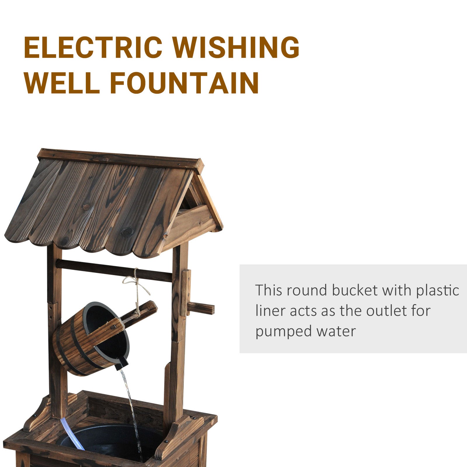 Carbonized Wood Wishing Well Outdoor Fountain 44 Inch on patio