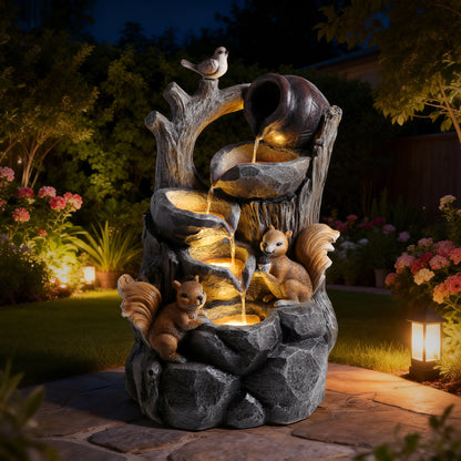 Resin Squirrel Tree Stump Outdoor Fountain 30 Inch dimensions and size