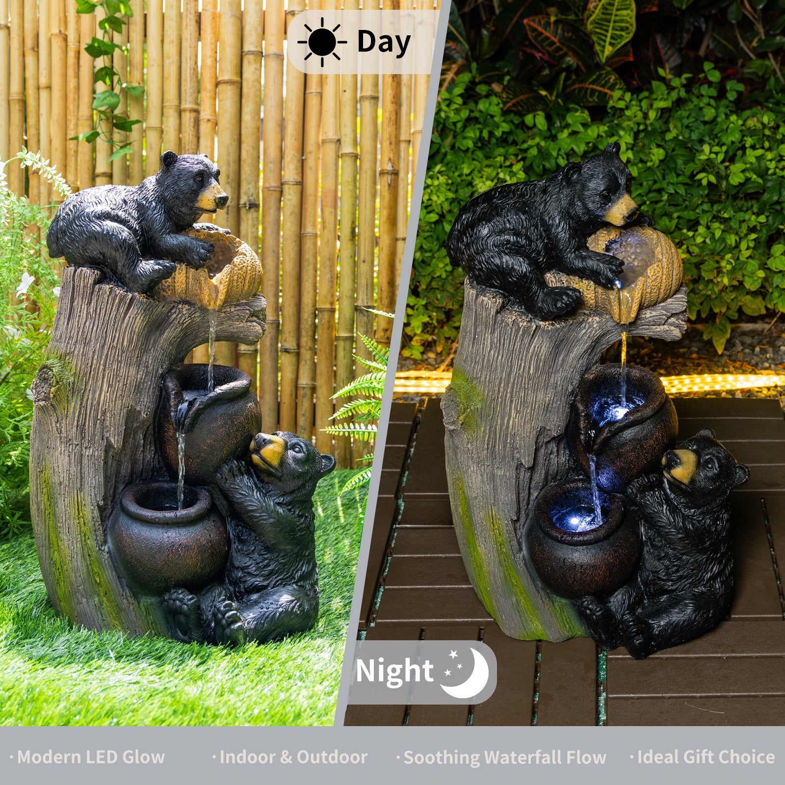 Resin Black Bear Outdoor Water Fountain LED lit at night