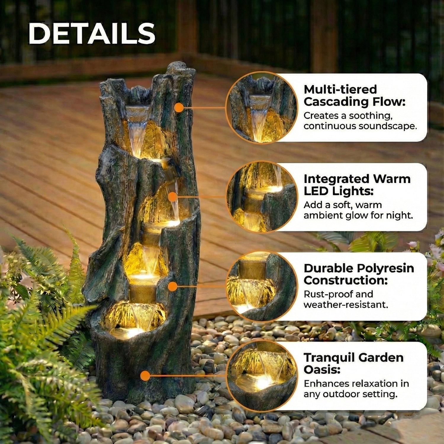 Resin Tree Trunk Outdoor Fountain 39 Inch on patio