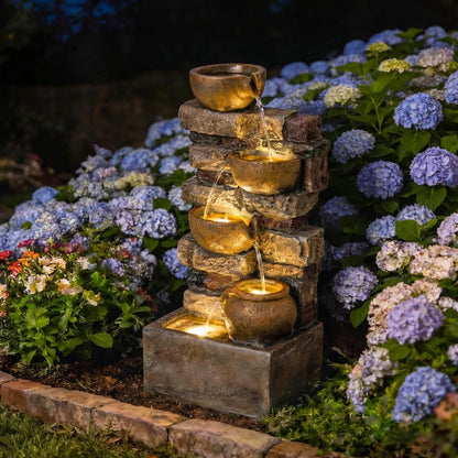 Resin Stacked Stone Bowl Cascade Fountain 28 Inch on patio