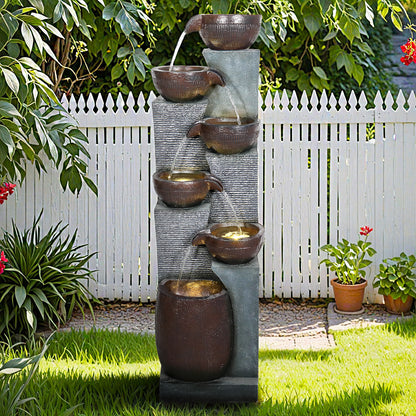 53.5in High Outdoor Indoor Water Fountain, 6-Tiered Poly-Resin Waterfall Fountain with LED Lights