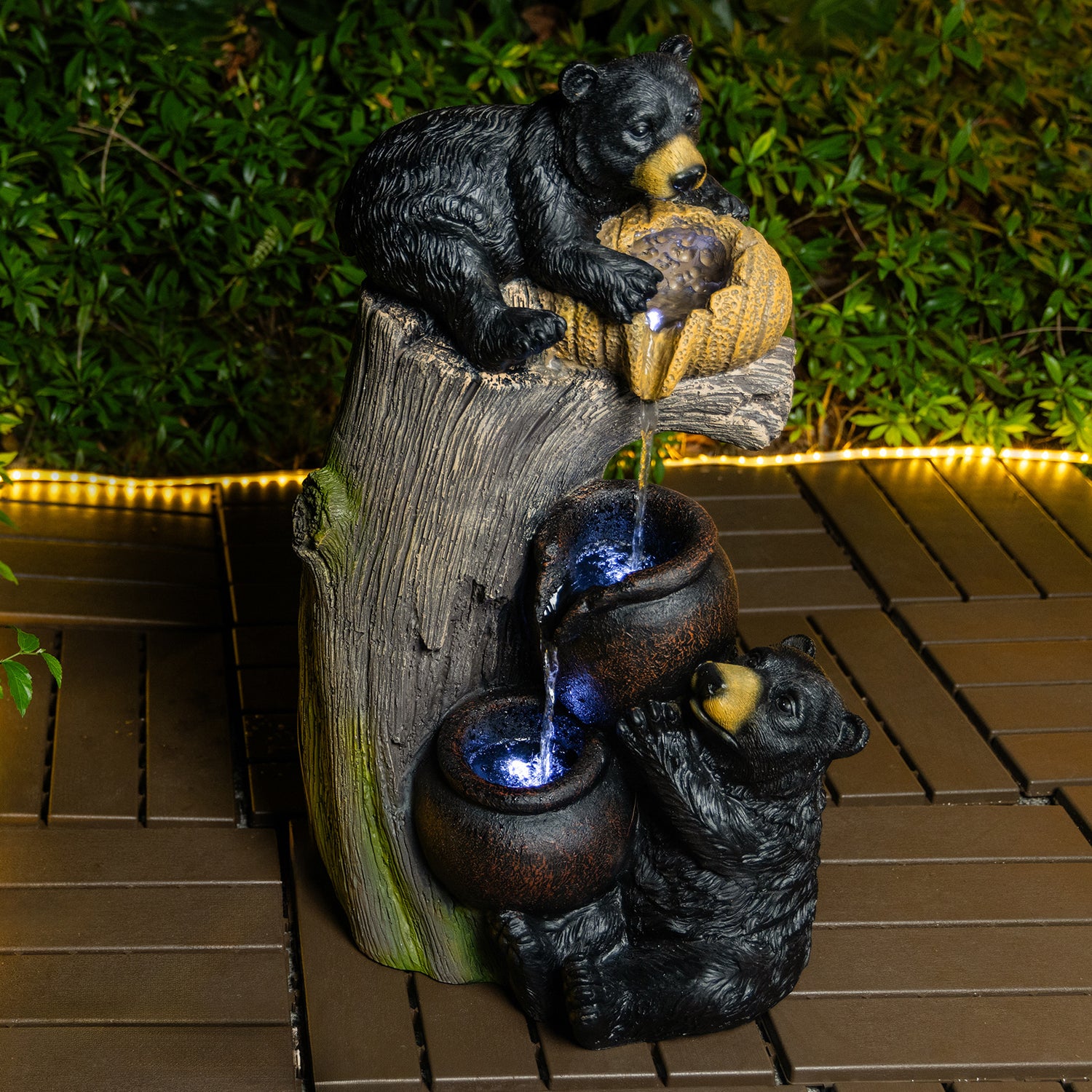 Resin Black Bear Outdoor Water Fountain close up of water flow