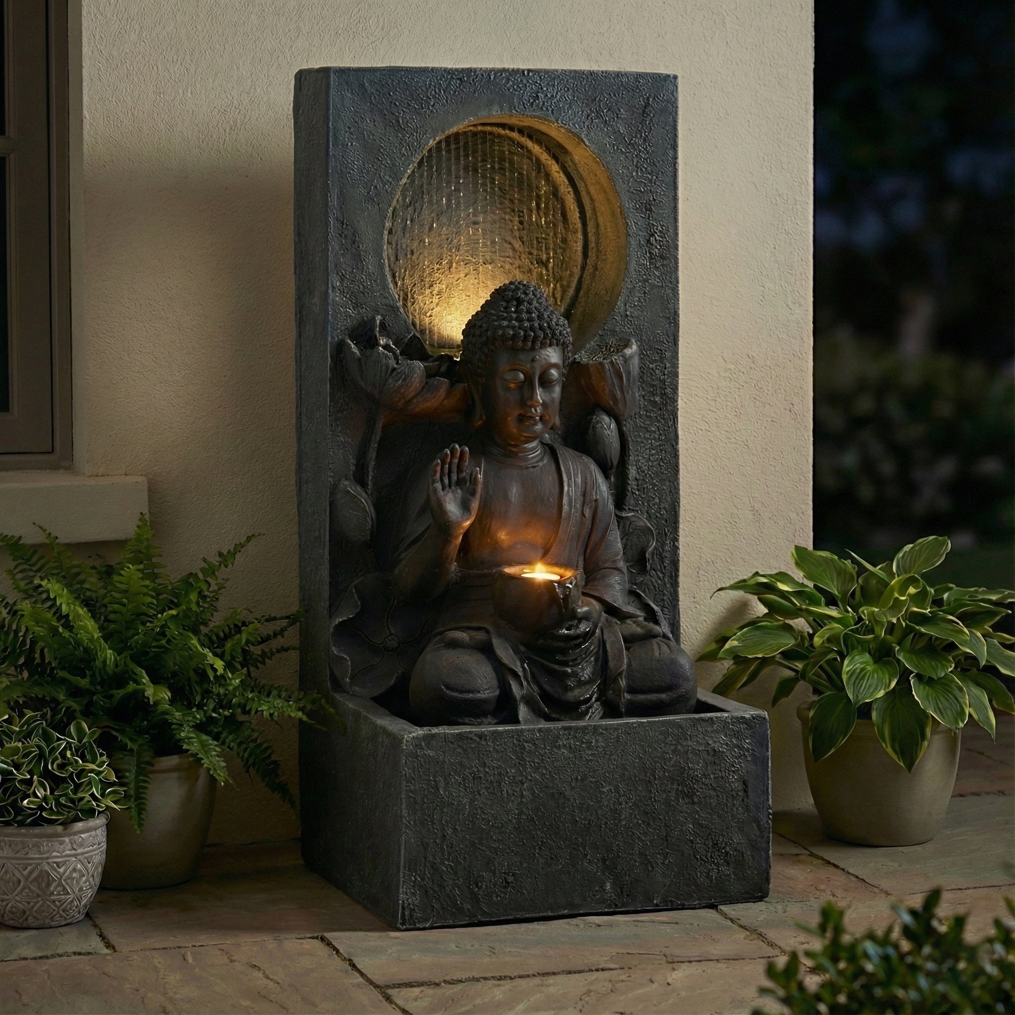 Resin Buddha Wall Panel Outdoor Fountain 28 Inch LED lit at night