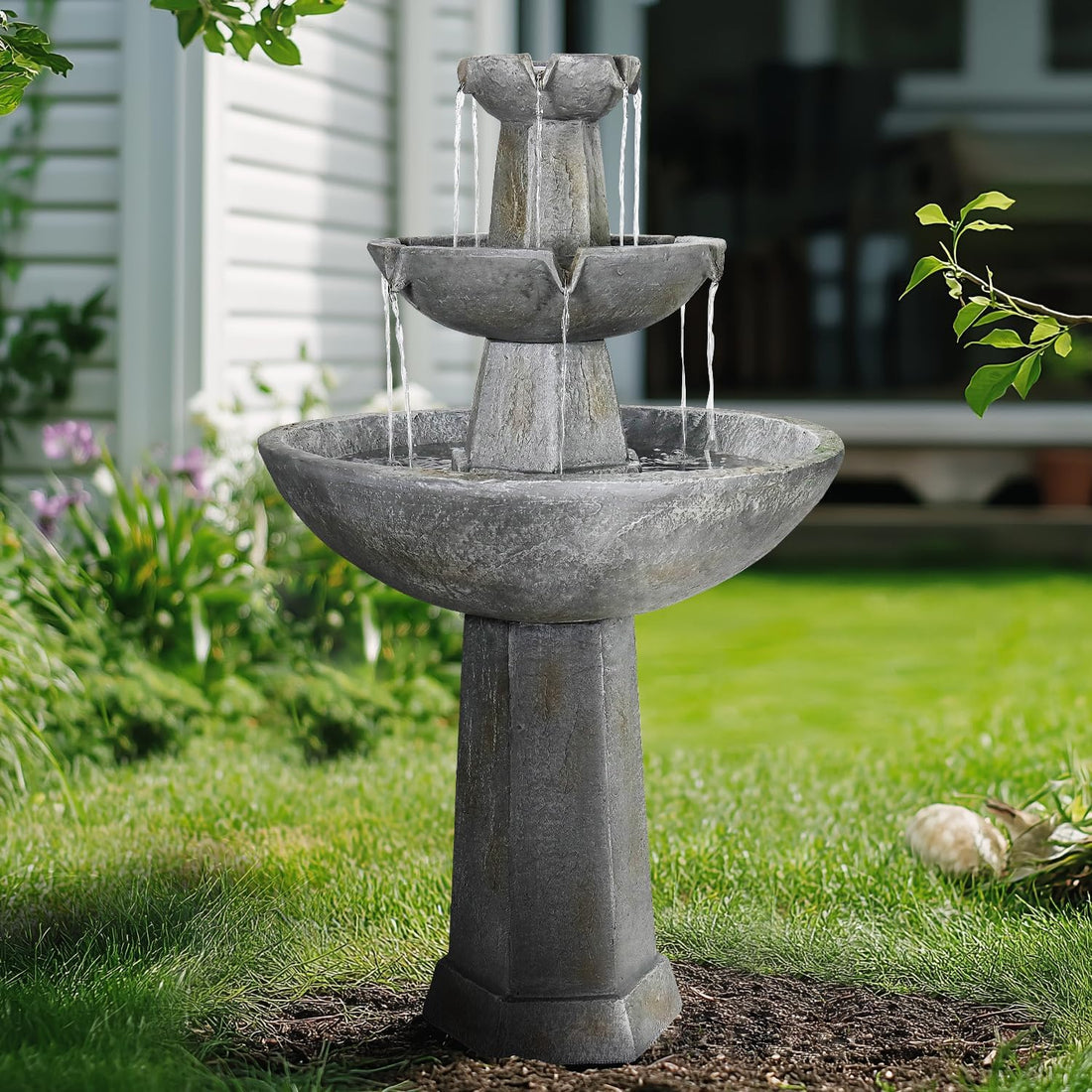 3-Tiered Cement Grey Outdoor Garden Fountain-43.3&quot;H