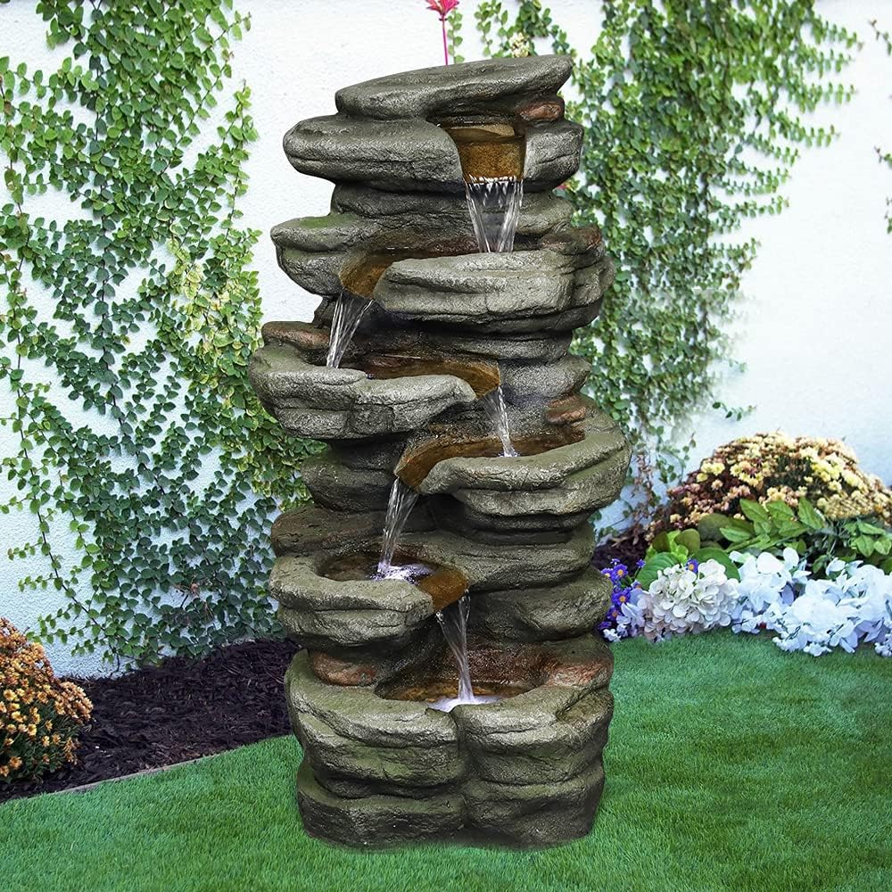 30.7&quot;H- Tiered  Rock Garden Outdoor Fountain with White LED Lights