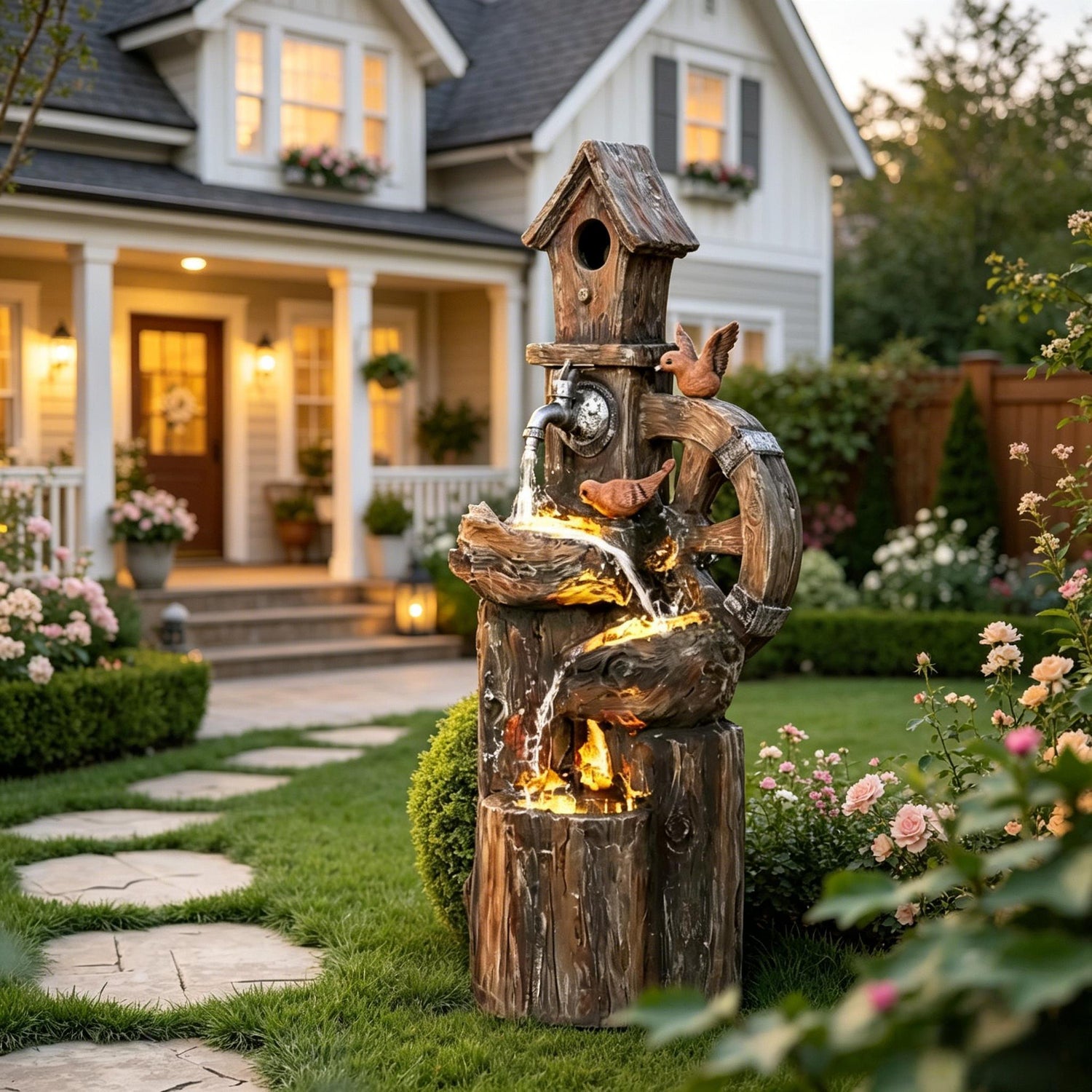 Resin Rustic Outdoor Fountain Birdhouse and Iron Tap close up of water flow