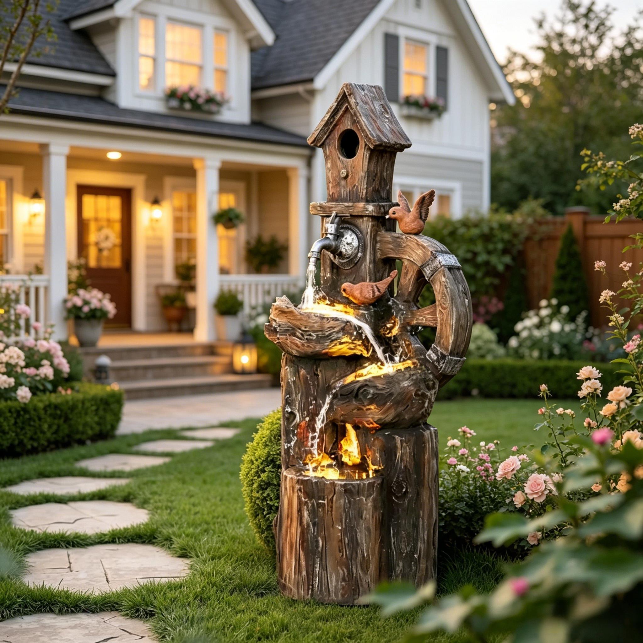 Resin Rustic Outdoor Fountain Birdhouse and Iron Tap close up of water flow