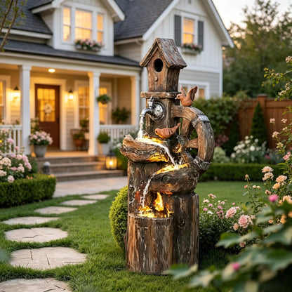Resin Rustic Outdoor Fountain Birdhouse and Iron Tap close up of water flow