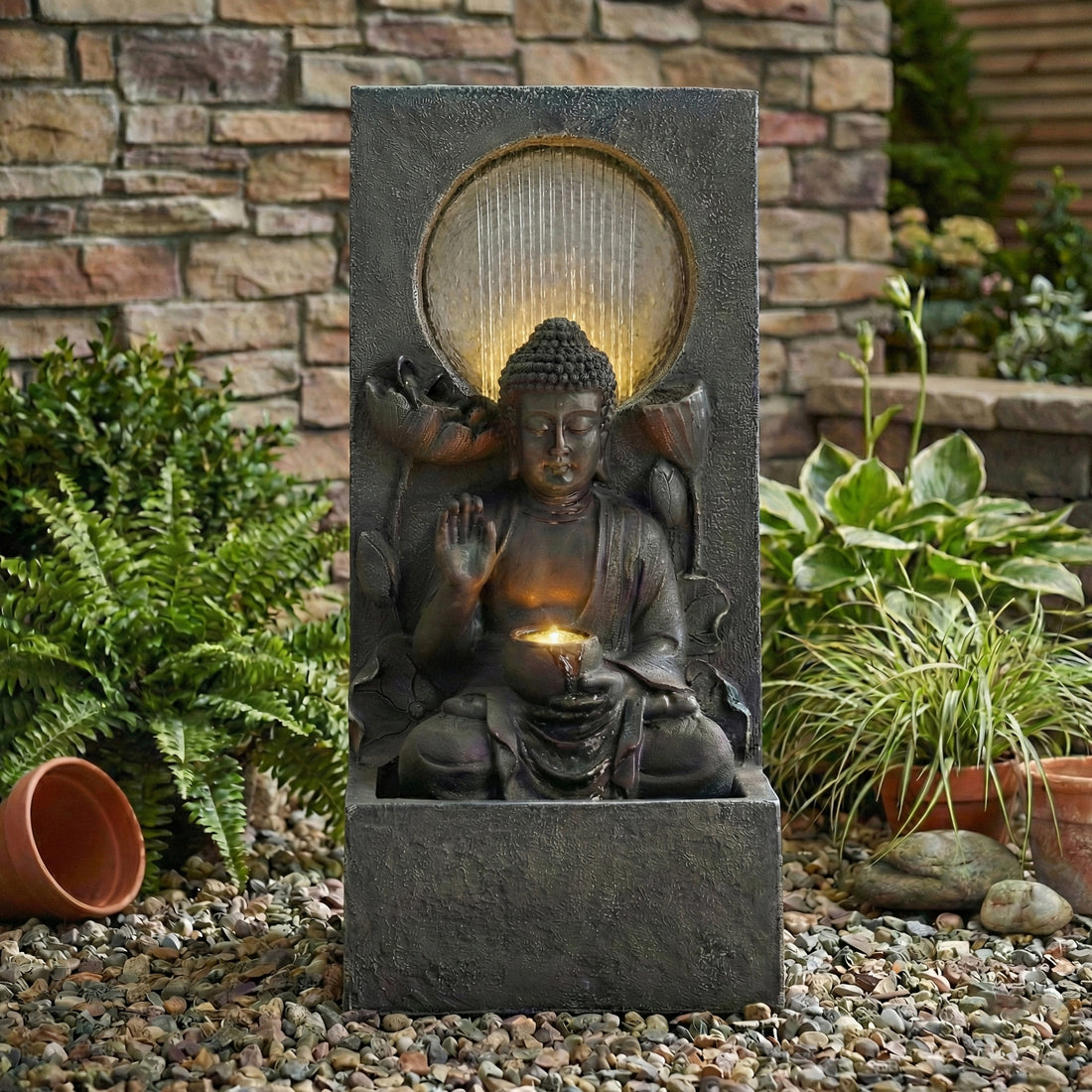 Resin Buddha Wall Panel Outdoor Fountain 28 Inch