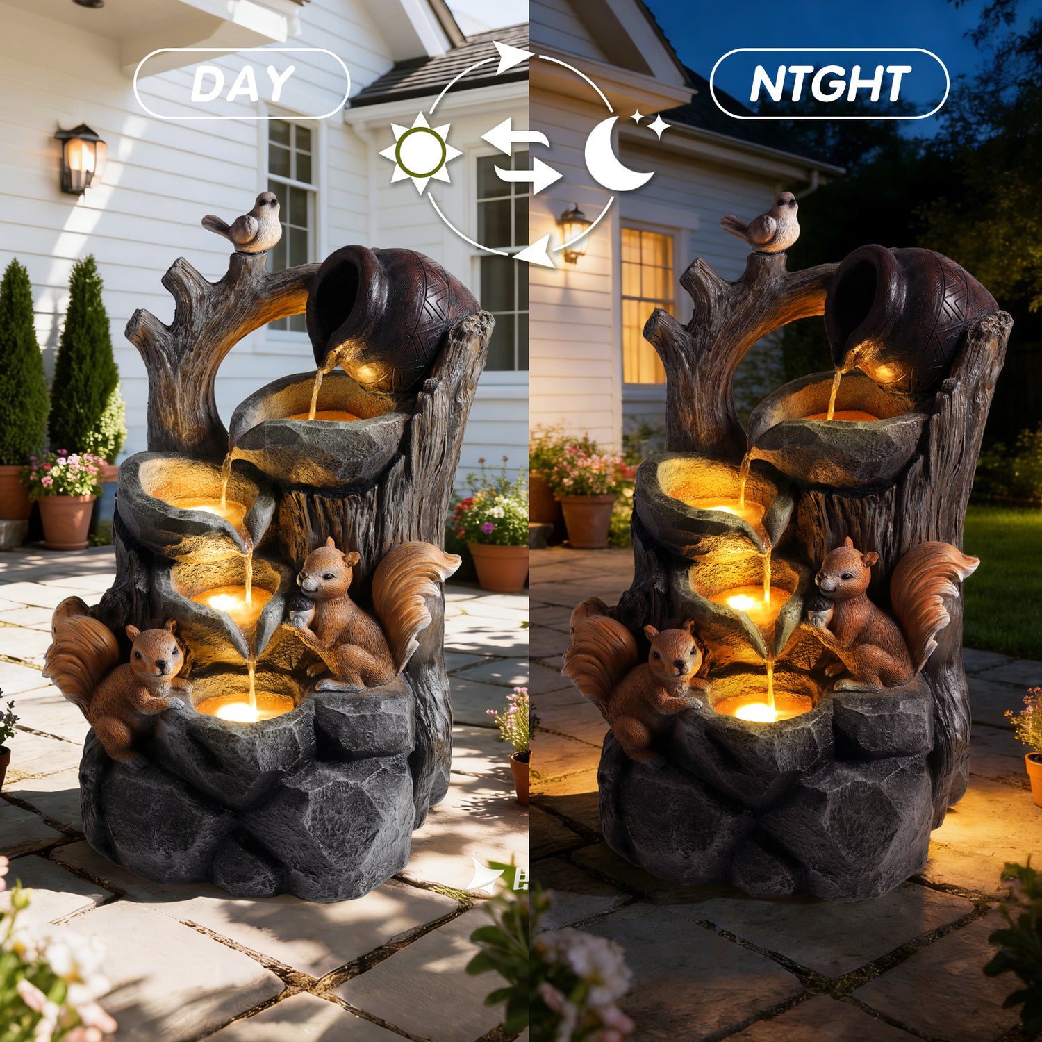 Resin Squirrel Tree Stump Outdoor Fountain 30 Inch full view
