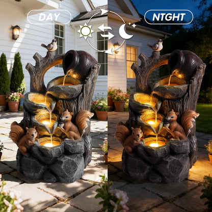 Resin Squirrel Tree Stump Outdoor Fountain 30 Inch full view