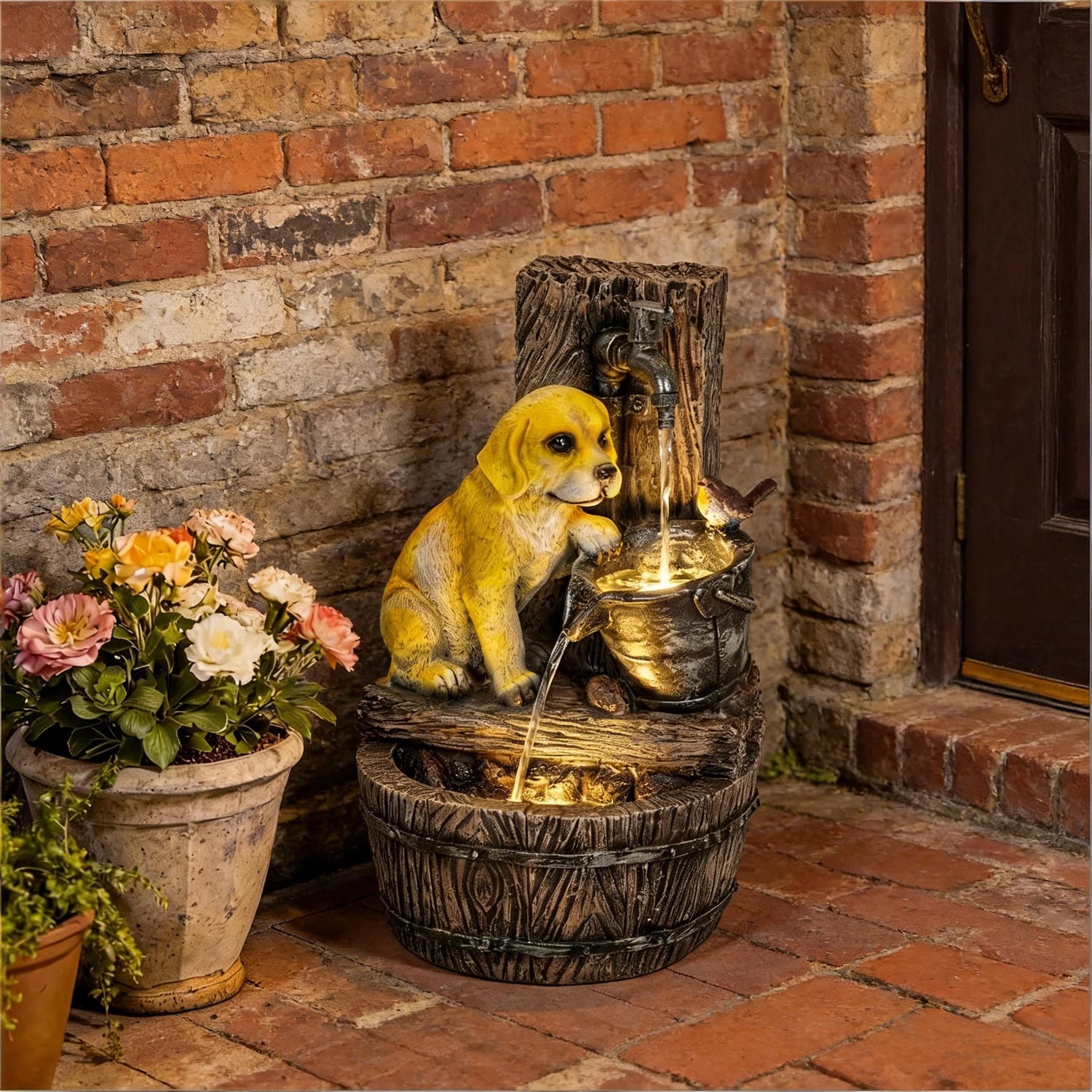 Resin Puppy Garden Outdoor Water Fountain 22 Inch close up of water flow
