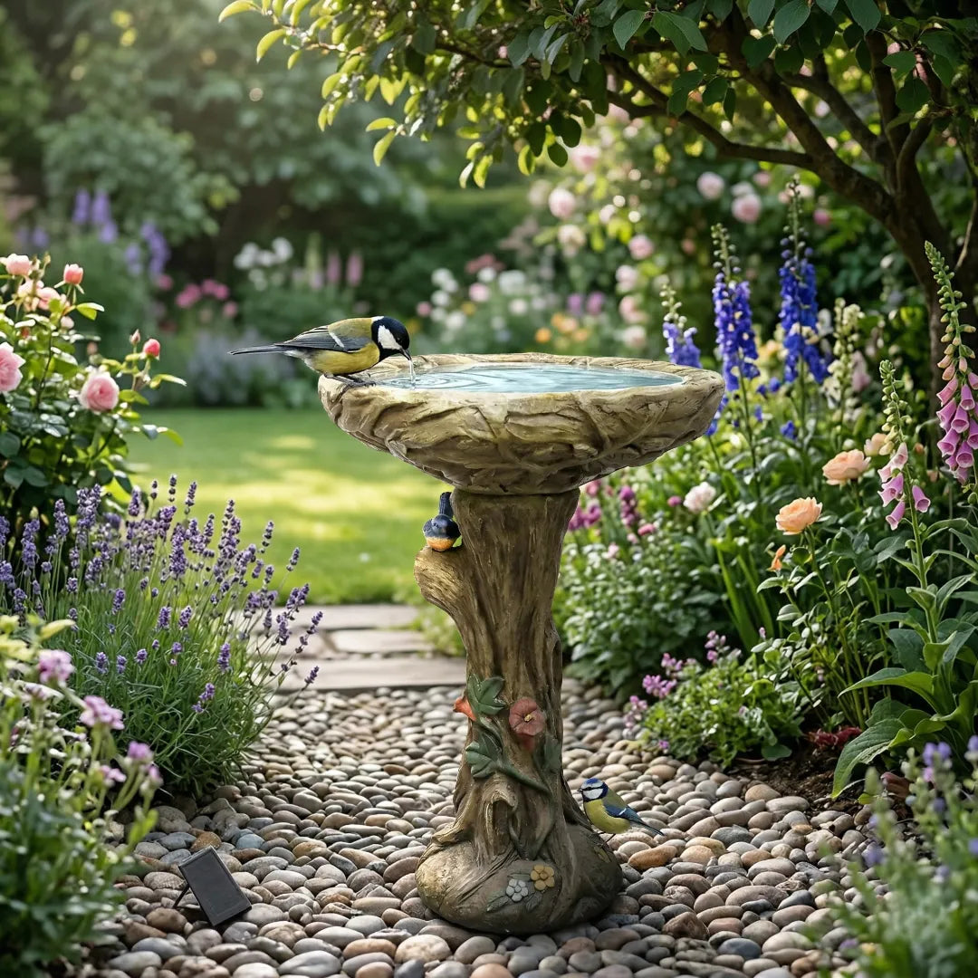 A_Great_Tit_perches_on_the_edge_of_a_rustic_tree_stump_bird_bath_drinking_water_in_a_sunny_garden.