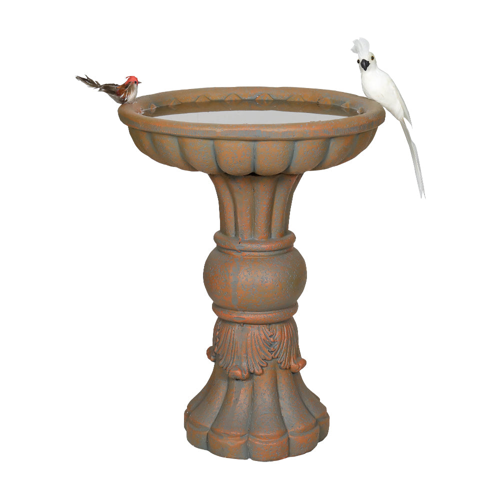 A classical-style birdbath filled with water, with two birds perched upon it.