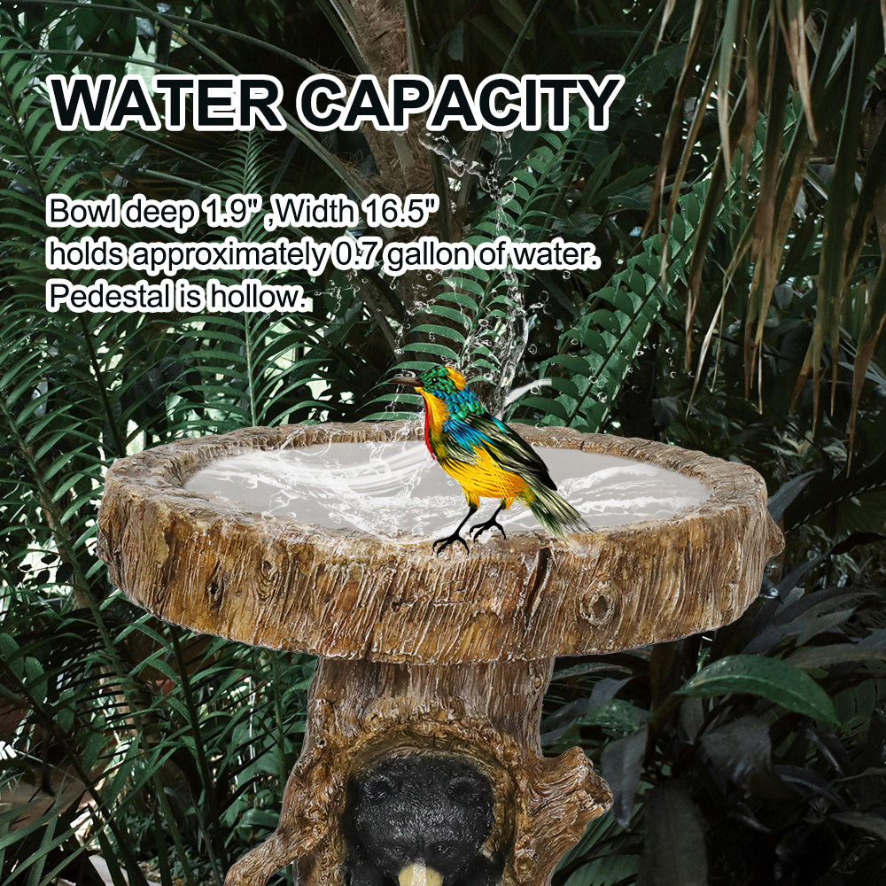 A goldfinch bathing in the bear bird bath bowl, highlighting its 2.1-gallon water capacity and protective coating.