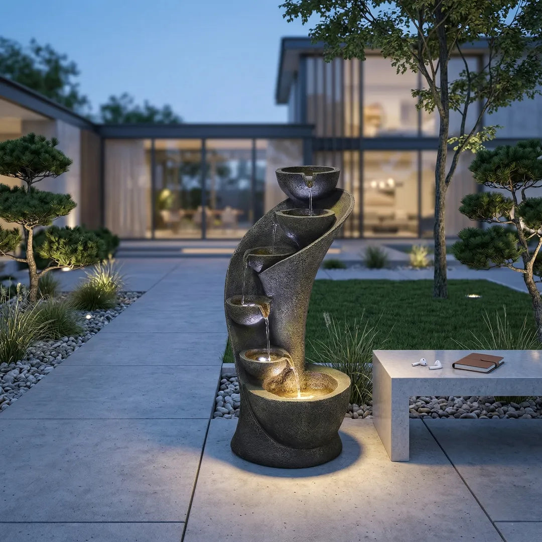 A modern rock cascade tabletop water fountain with a glowing crystal sphere and built-in LED lights.