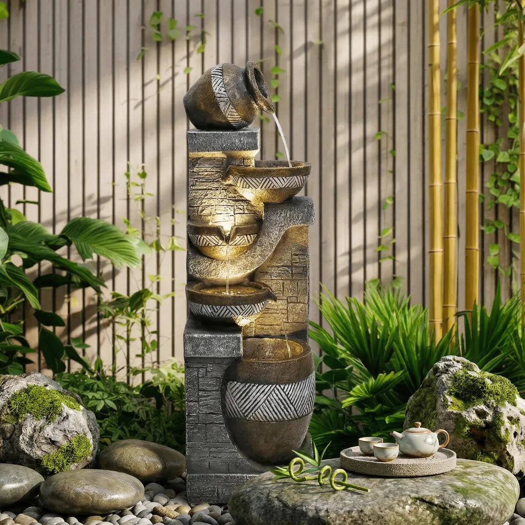 A multi-tiered European-style water fountain with gold lights operating in front of a bamboo and lattice wall.