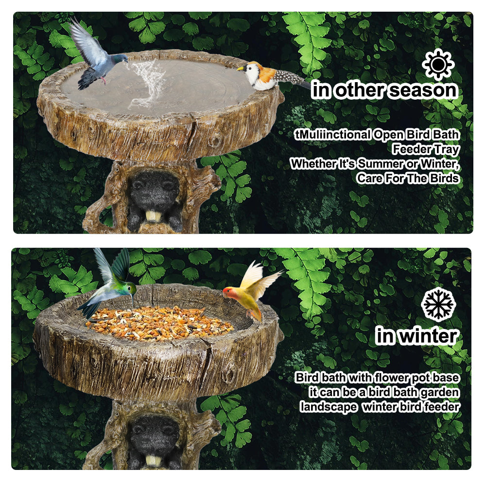 All-season garden decor showing the bear bird bath used for water in the summer and birdseed in the snowy winter.