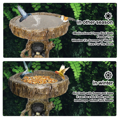 All-season garden decor showing the bear bird bath used for water in the summer and birdseed in the snowy winter.