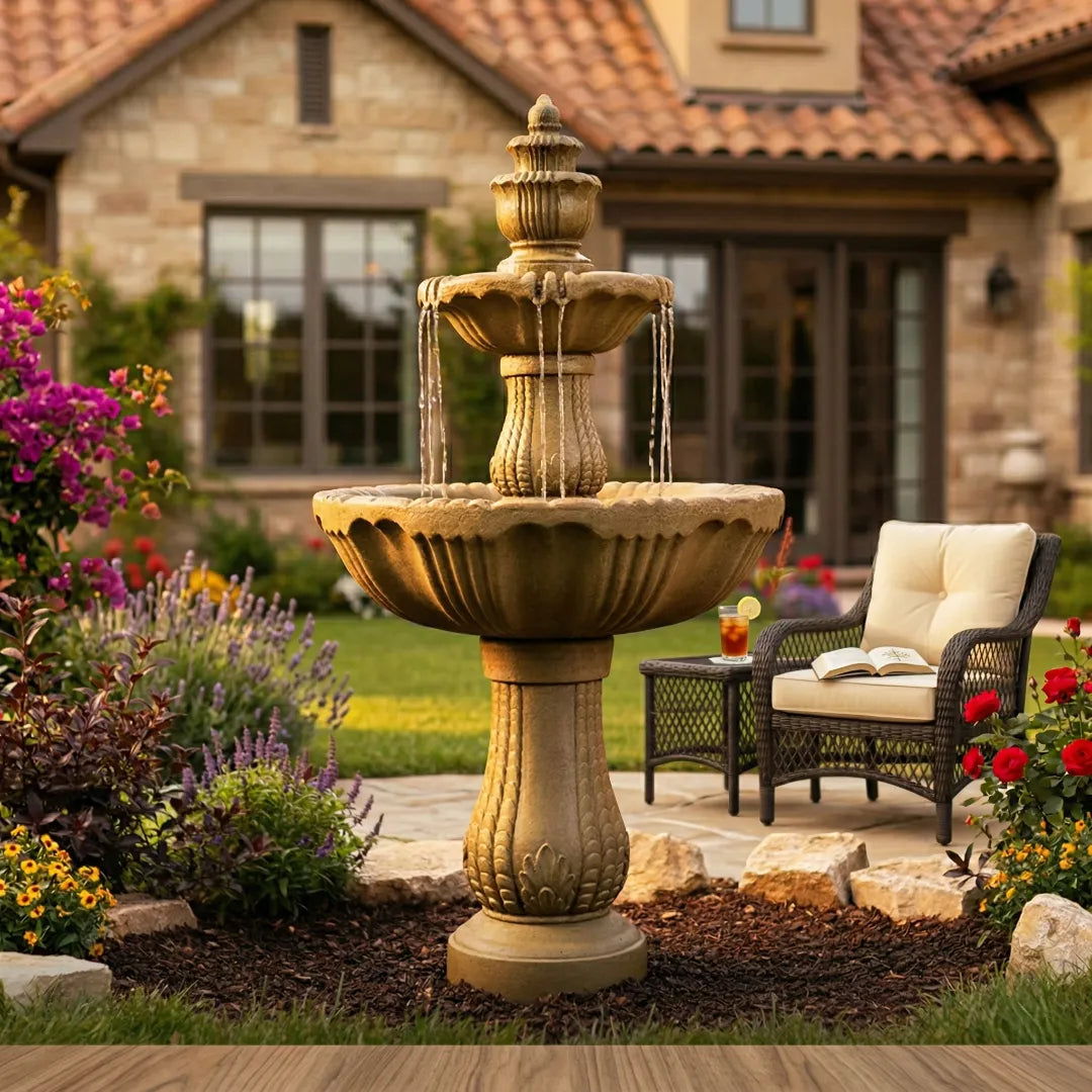 An_elegant_three-tiered_classical-style_tiered_floor_fountain_operating_in_the_center_of_a_sunny_English_garden.
