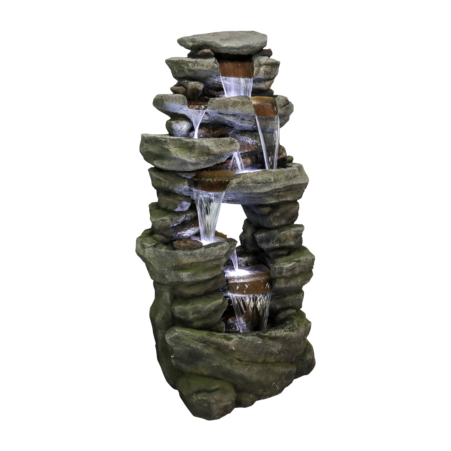 Angled view of the 60"H 7-tier cascading rock outdoor water fountain on white.
