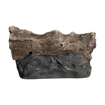 Back view of the tree trunk and rock fountain on a white background, showing bark and stone textures.