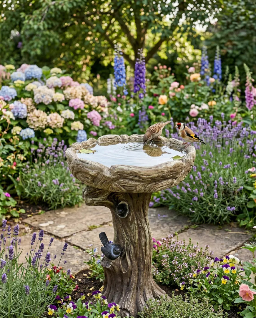 Backyard garden bird bath with birds and natural greenery