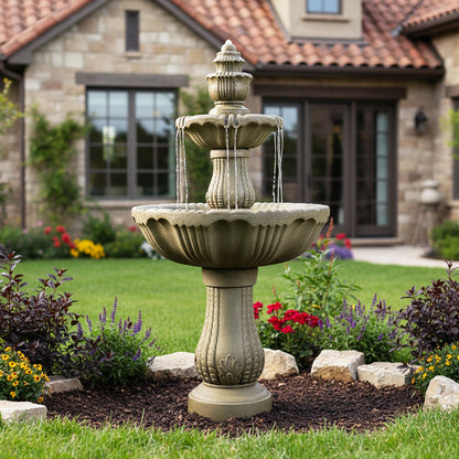 Classic 48"H 3-tier fountain adding a timeless touch to a modern stone-paved garden walkway.