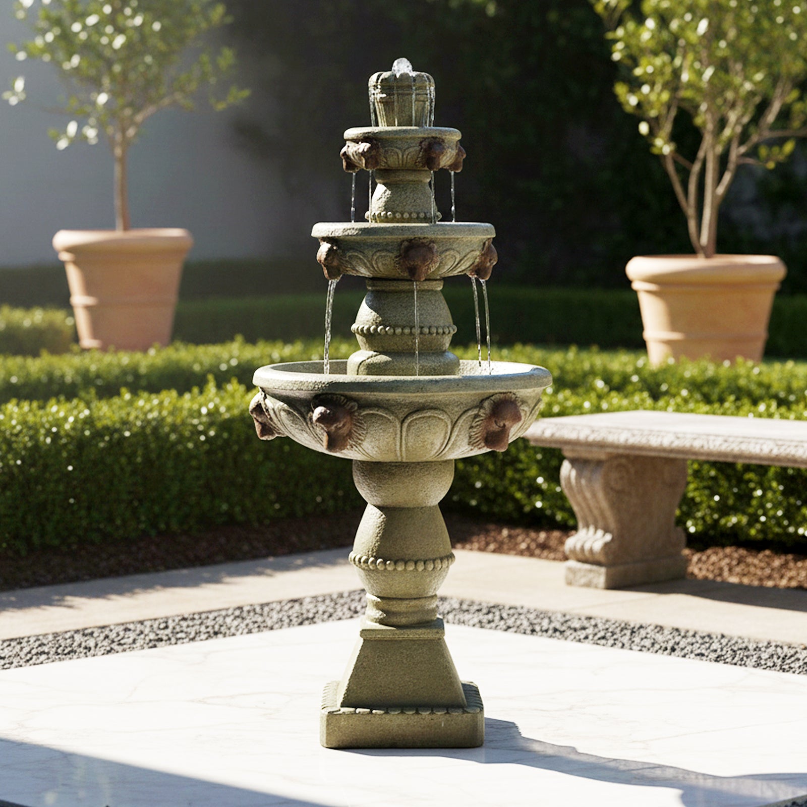 Classic European style 3-tier water fountain creating a peaceful retreat in a sunny backyard.
