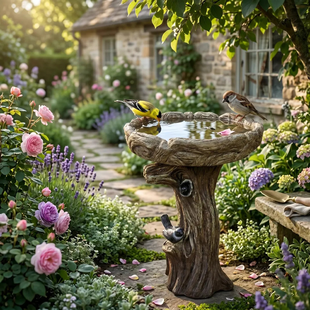 Classic stone bird bath with reflective water basin for backyard gardens
