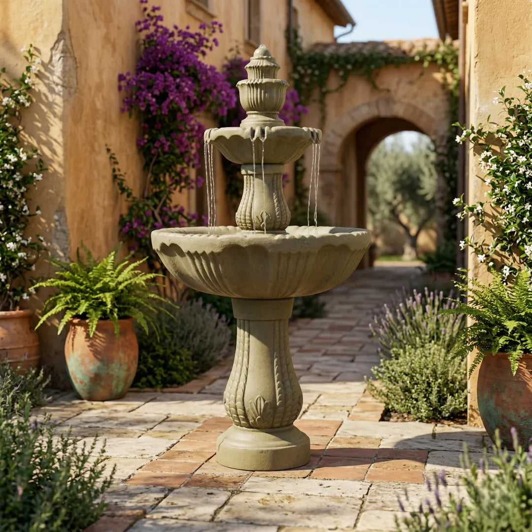 Classic tiered stone water fountain standing as a centerpiece in a sunny Mediterranean-style courtyard.