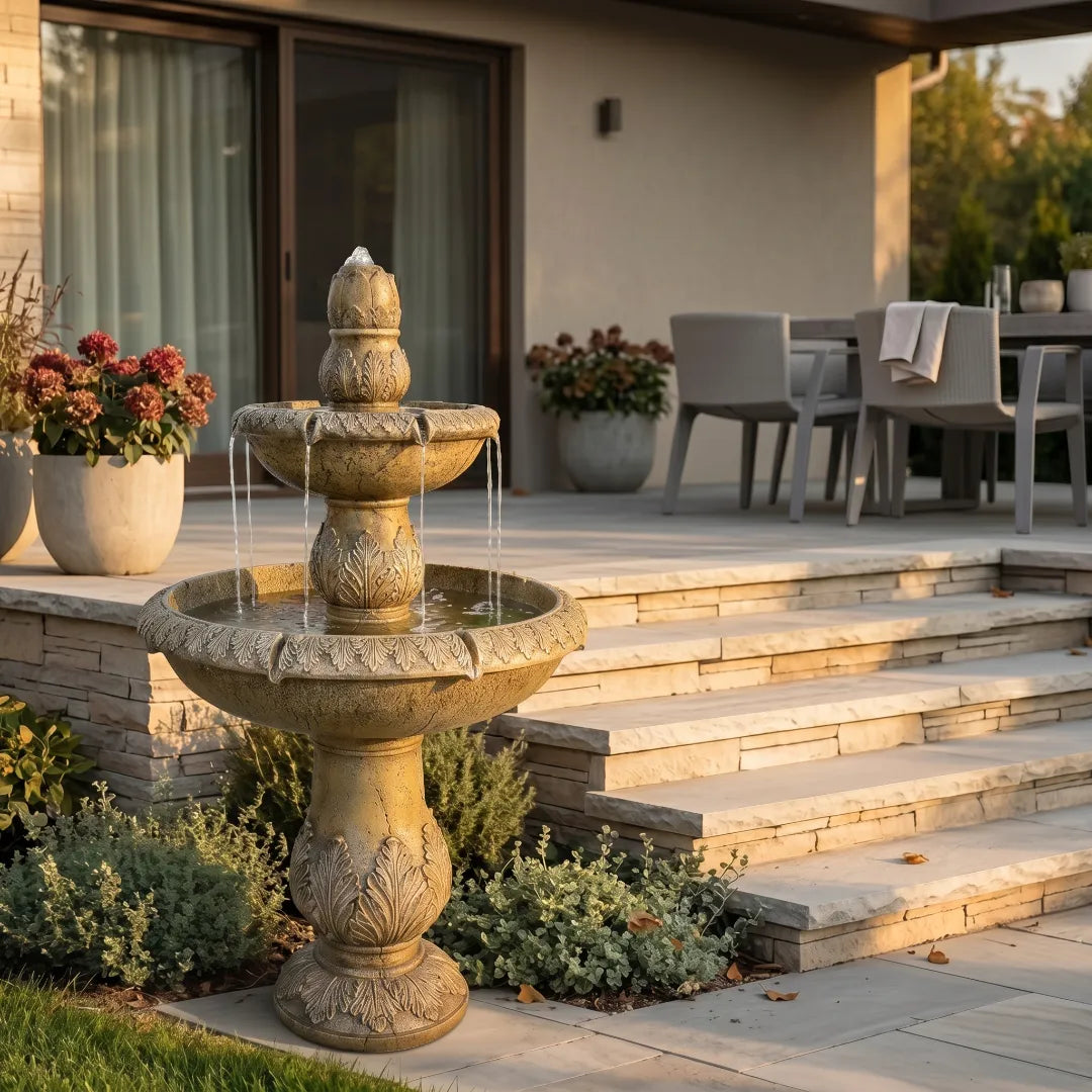 Classic two-tier garden fountain with flowing water in a sunny backyard setting